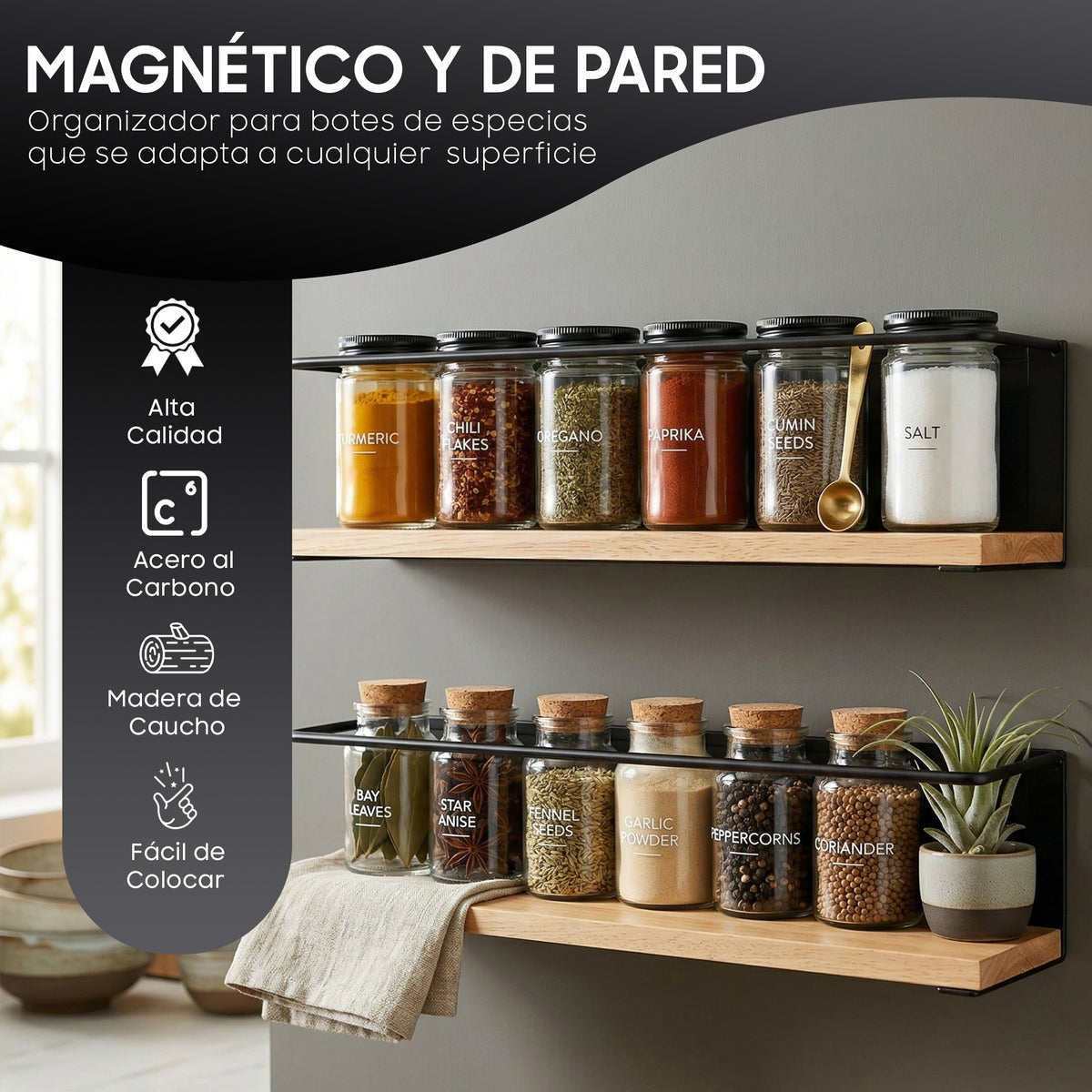 Estante Especiero Magnético de Acero y Madera – Pack 2 Unidades