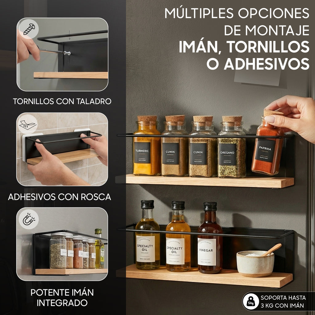 Estante Especiero Magnético de Acero y Madera – Pack 2 Unidades