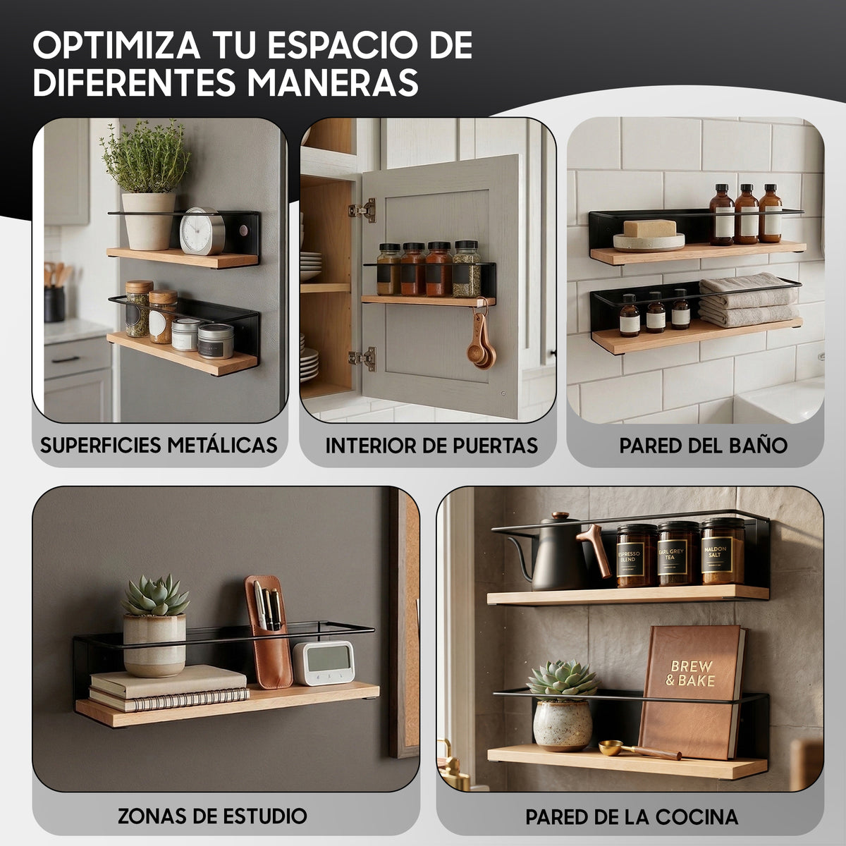 Estante Especiero Magnético de Acero y Madera – Pack 2 Unidades