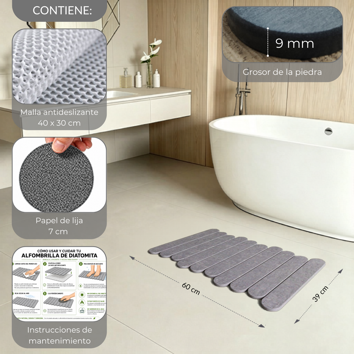 Alfombra de Piedra Diatomita Plegable para Baño y Cocina (Gris)