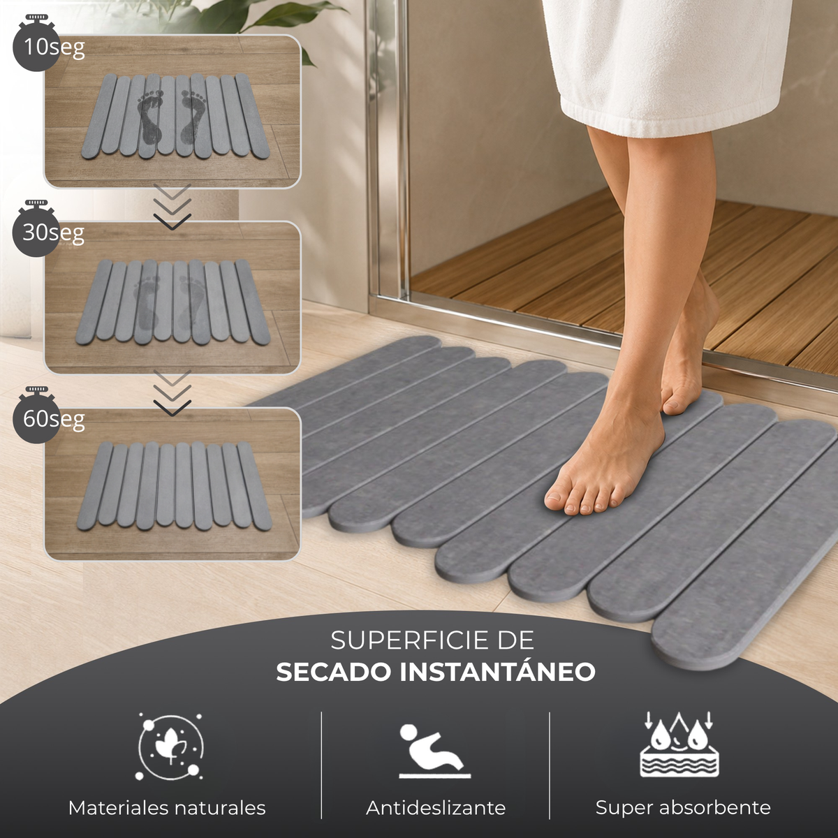 Alfombra de Piedra Diatomita Plegable para Baño y Cocina (Gris)