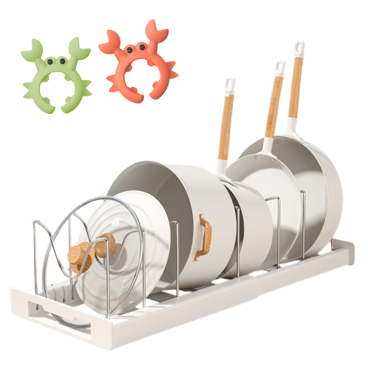 Organizador de Sartenes y Ollas Extensible con 10 Separadores + 2 Clips de Silicona (Blanco)