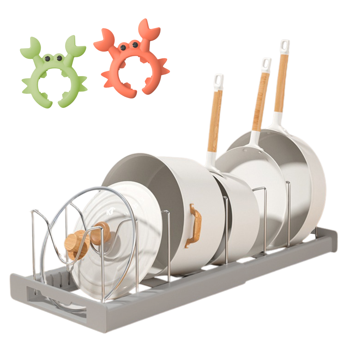 Organizador de Sartenes y Ollas Extensible con 10 Separadores + 2 Clips de Silicona (Gris)