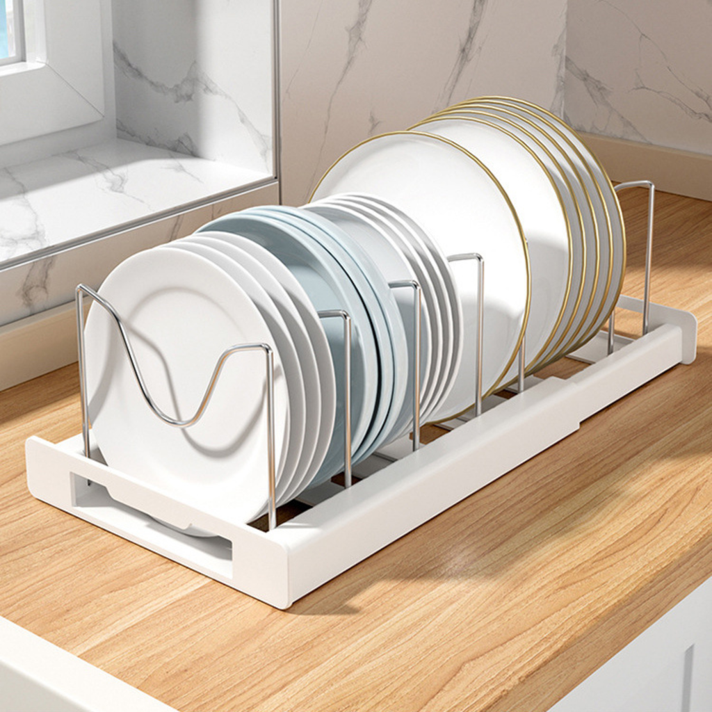 Organizador de Sartenes y Ollas Extensible con 10 Separadores + 2 Clips de Silicona (Blanco)