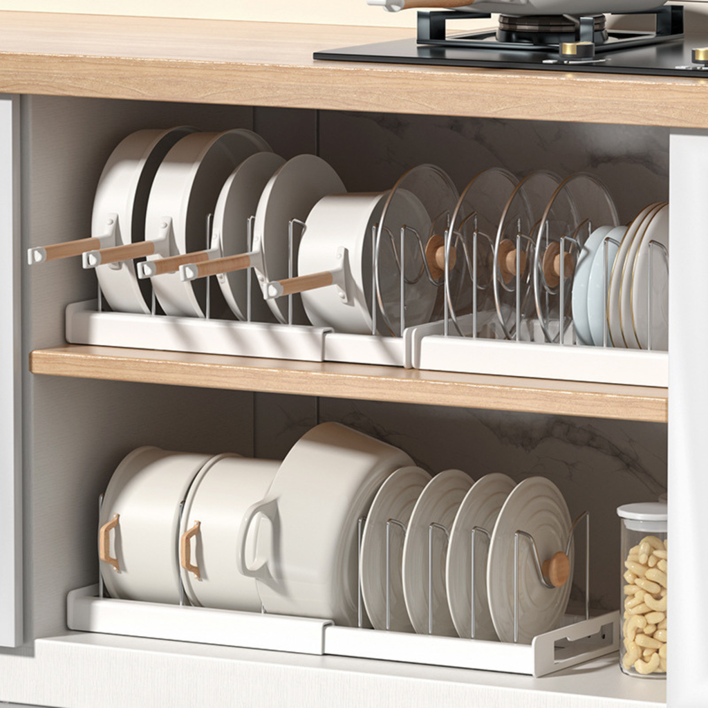 Organizador de Sartenes y Ollas Extensible con 10 Separadores + 2 Clips de Silicona (Blanco)