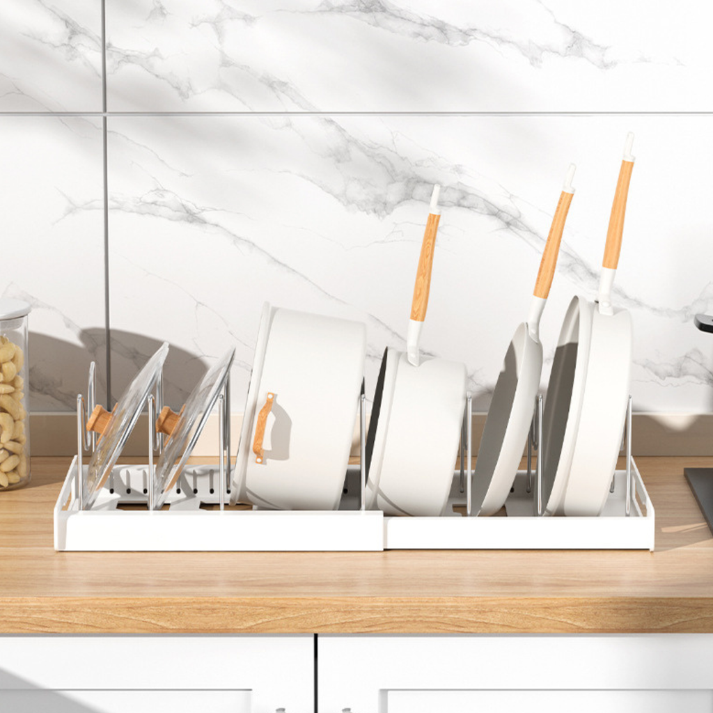 Organizador de Sartenes y Ollas Extensible con 10 Separadores + 2 Clips de Silicona (Blanco)
