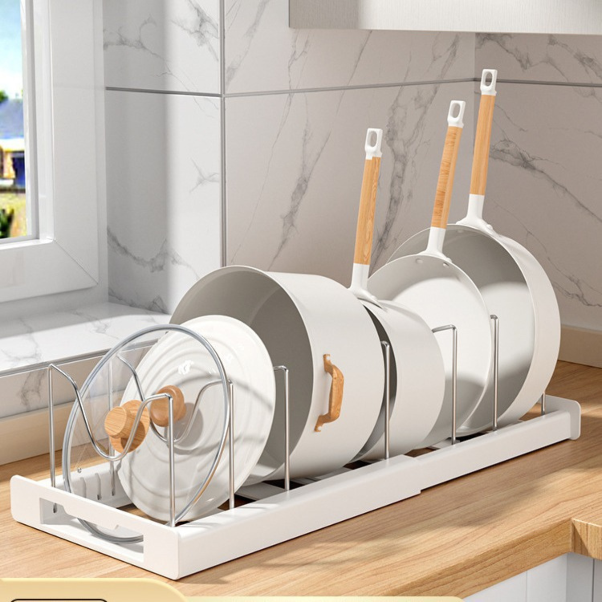Organizador de Sartenes y Ollas Extensible con 10 Separadores + 2 Clips de Silicona (Blanco)