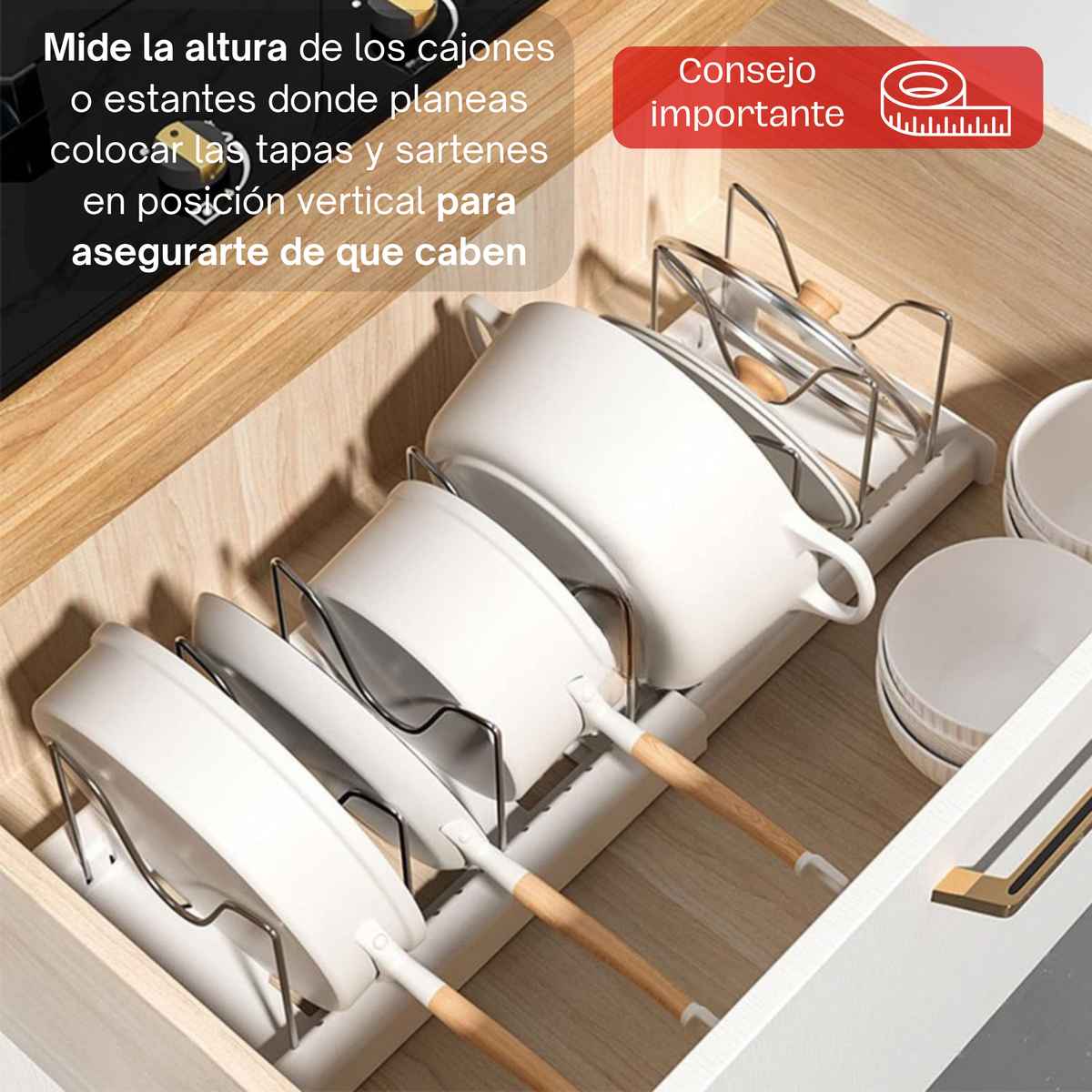 Organizador de Sartenes y Ollas Extensible con 10 Separadores + 2 Clips de Silicona (Blanco)