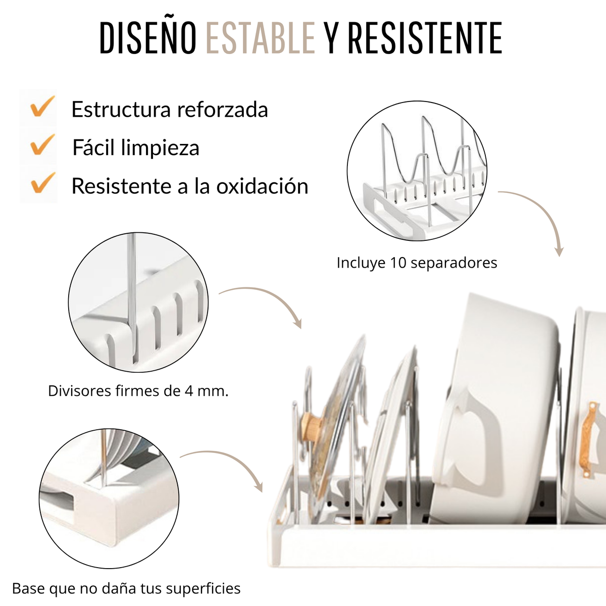 Organizador de Sartenes y Ollas Extensible con 10 Separadores + 2 Clips de Silicona (Blanco)