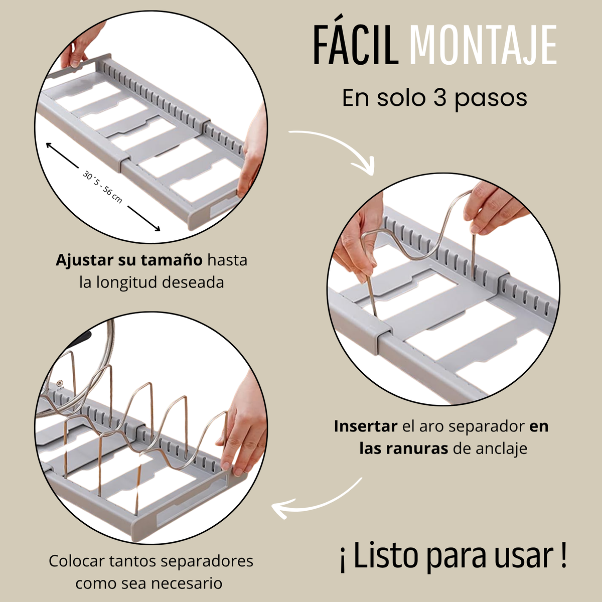 Organizador de Sartenes y Ollas Extensible con 10 Separadores + 2 Clips de Silicona (Blanco)