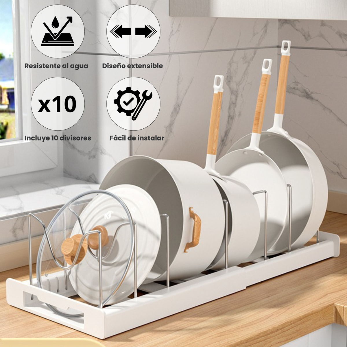 Organizador de Sartenes y Ollas Extensible con 10 Separadores + 2 Clips de Silicona (Blanco)