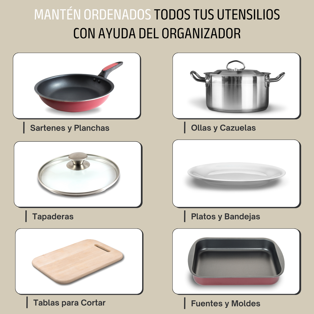 Organizador de Sartenes y Ollas Extensible con 10 Separadores + 2 Clips de Silicona (Blanco)