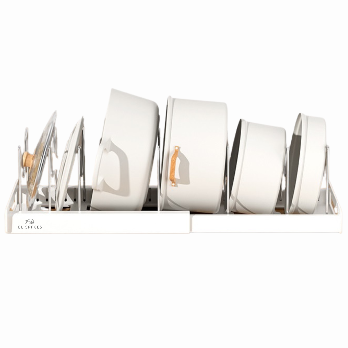 Organizador de Sartenes y Ollas Extensible con 10 Separadores + 2 Clips de Silicona (Blanco)
