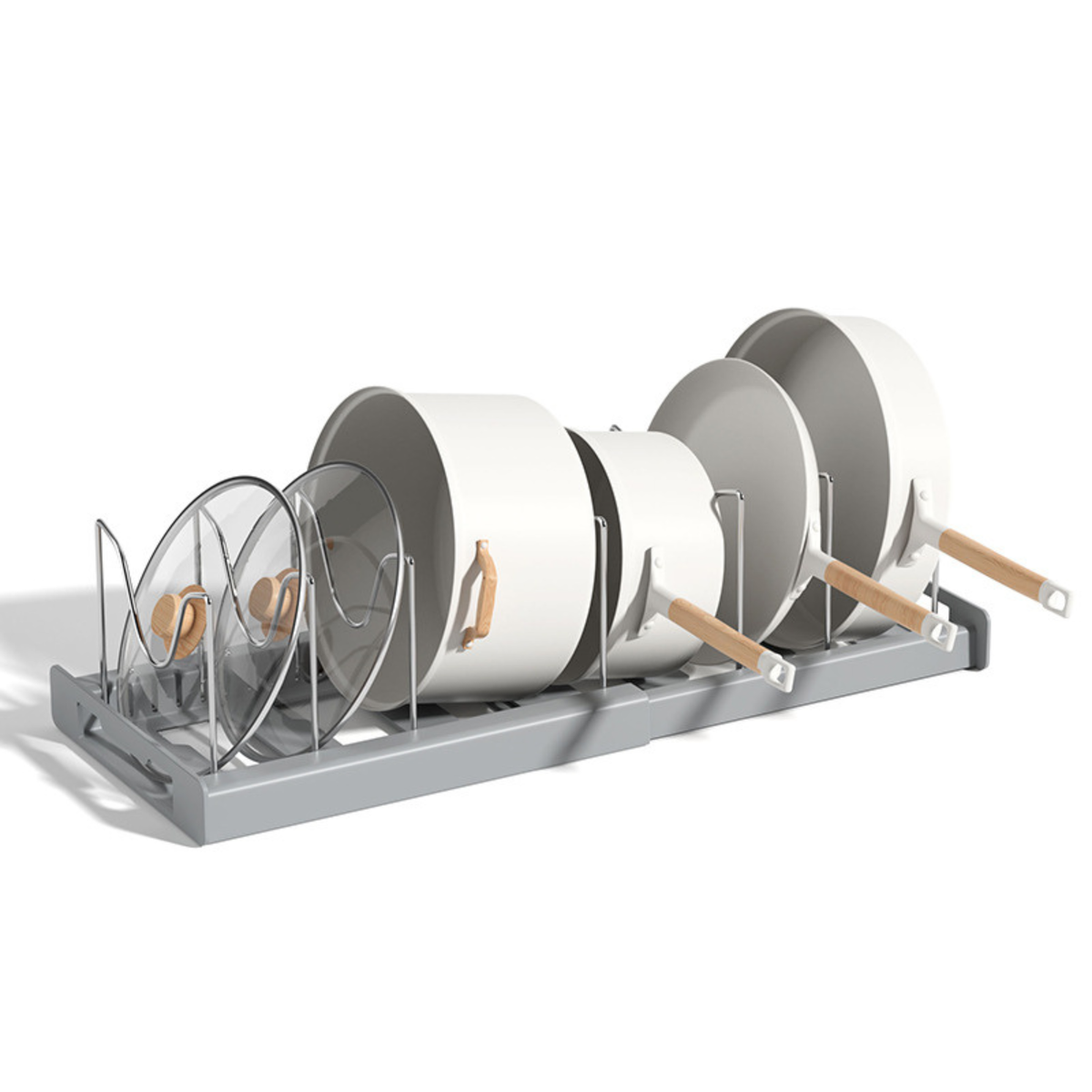 Organizador de Sartenes y Ollas Extensible con 10 Separadores + 2 Clips de Silicona (Gris)